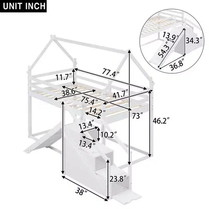 Lits superposés maison avec toboggan et escaliers de rangement, lit superposé double en bois avec toit et escaliers pour filles et garçons