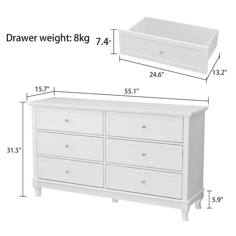 Comò in Legno per Camera da Letto con Cassetti Profondi, Cassettiera Doppia a 6 Cassetti