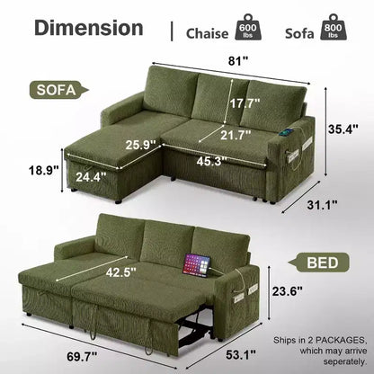 Dyonery Divano Letto Angolare 81, Divano Estraibile a L con Chaise Longue Reversibile con Contenitore, USB, Schienale Reclinabile