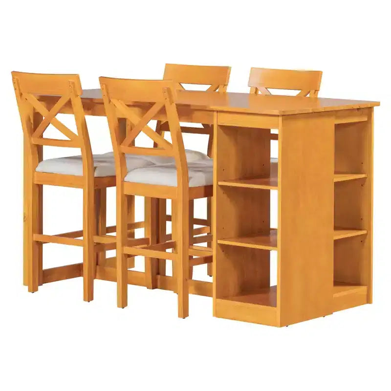 Set da pranzo a 5 pezzi in stile rustico ad altezza bancone per 4 persone, set da tavolo da bar in legno con ripiani e 4 sedie imbottite