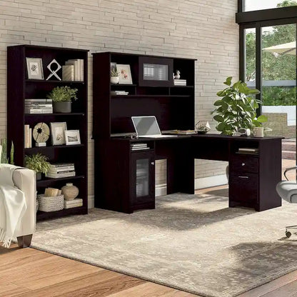 Bureau d'ordinateur en L de 60 pouces avec huche, bibliothèque à 5 étagères et tiroir classeur, capacité de 200 lb sur le bureau