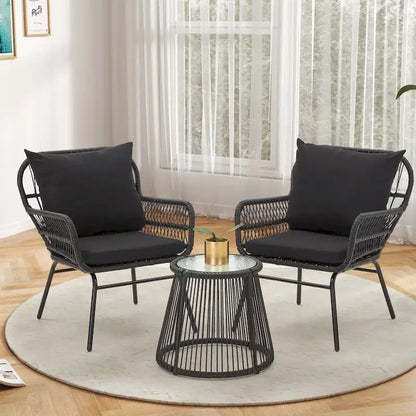 Set da Bistrot da Esterno in Rattan da 3 Pezzi, Set di Mobili da Giardino con Tavolo in Vetro e 2 Ampie Poltrone, Cuscini Inclusi