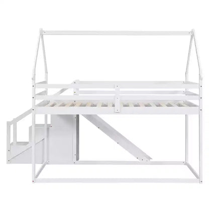 Lits superposés maison avec toboggan et escaliers de rangement, lit superposé double en bois avec toit et escaliers pour filles et garçons