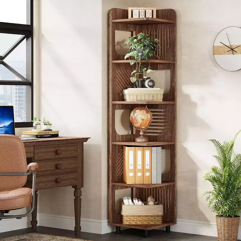 Étagère d'angle Lantine à 6 niveaux, bibliothèque haute rustique de 180 cm pour salon, chambre, bureau