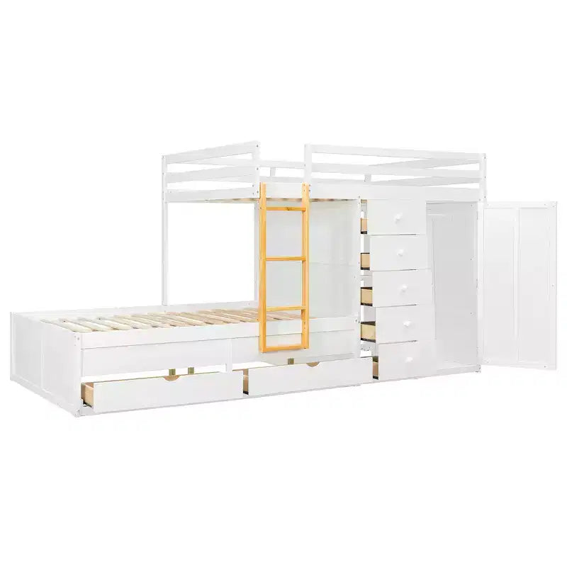 Lit superposé complet Whisen avec 2 grands tiroirs, 5 petits tiroirs et petite armoire