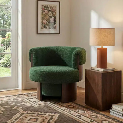 Fauteuil baril pivotant Whisen 360° avec design sculptural en bois courbé, cadre en bois massif, 81 cm de large, polyvalent pour le salon et la chambre à coucher