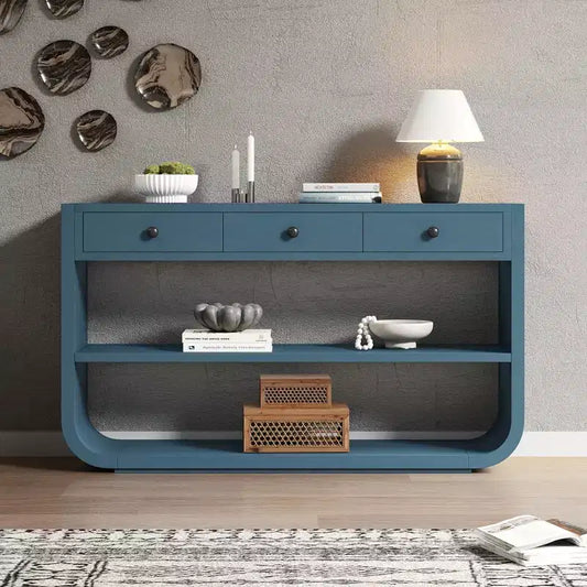 ModernLuxe Tavolo curvo da ingresso, Tavolo consolle, Tavolino da divano, Espositore, Tavolino d'appoggio con 3 cassetti a chiusura ammortizzata e 2 ripiani aperti