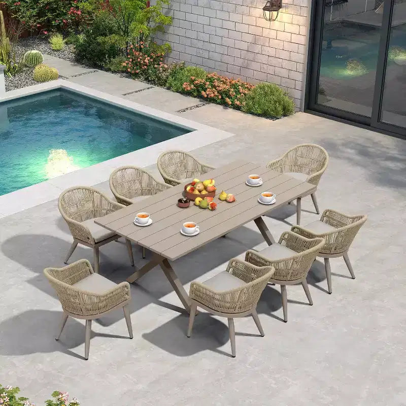 Set da pranzo da patio PURPLE LEAF con tavolo da pranzo da esterno in alluminio e sedie in rattan intrecciato, set di mobili moderni per giardino, cortile, arredamento da interni, colore champagne