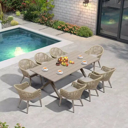 Set da pranzo da patio PURPLE LEAF con tavolo da pranzo da esterno in alluminio e sedie in rattan intrecciato, set di mobili moderni per giardino, cortile, arredamento da interni, colore champagne