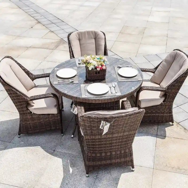 Set da pranzo rotondo in vimini da esterno da 5 pezzi con 4 poltrone
