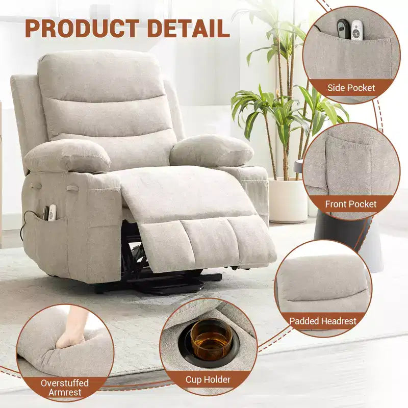 Fauteuil inclinable électrique releveur, fauteuils inclinables électriques pour personnes âgées avec fonction chauffante et massante, aide à la levée, porte-gobelets, poche latérale, pour salon