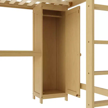 Letto a soppalco in legno con armadio e libreria, letto a soppalco Queen Size con guardaroba e scrivania per bambini, naturale