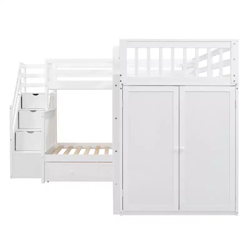 Lit superposé en L Whisen Modern Design (jumeau sur grand) avec 3 tiroirs, bureau portable et armoire