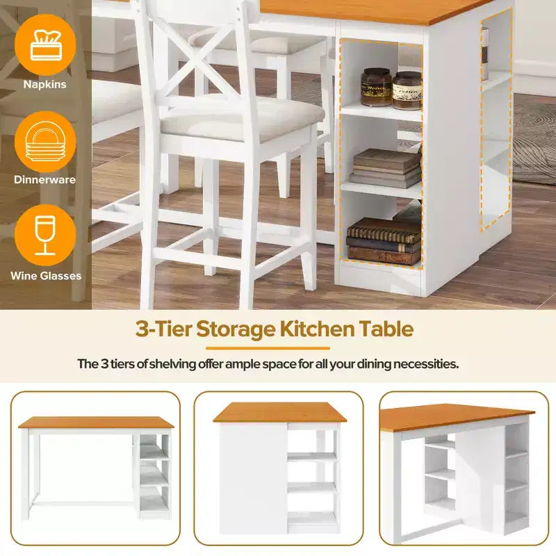 Set da pranzo a 5 pezzi in stile rustico ad altezza bancone per 4 persone, set da tavolo da bar in legno con ripiani e 4 sedie imbottite