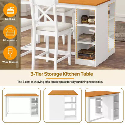 Set da pranzo a 5 pezzi in stile rustico ad altezza bancone per 4 persone, set da tavolo da bar in legno con ripiani e 4 sedie imbottite