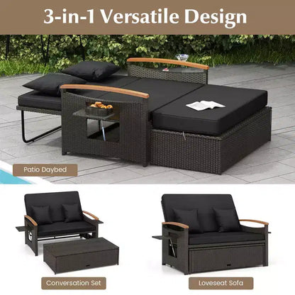 Set divano letto in rattan per esterni Costway con divanetto imbottito e poggiapiedi contenitore per veranda Beige/Blu marino/Rosso/Turchese/Nero/Grigio