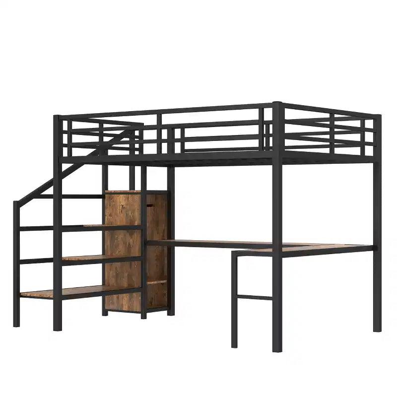 Letto a soppalco Queen Size con scrivania a L e USB, Letto a soppalco in metallo con armadio e regolabile