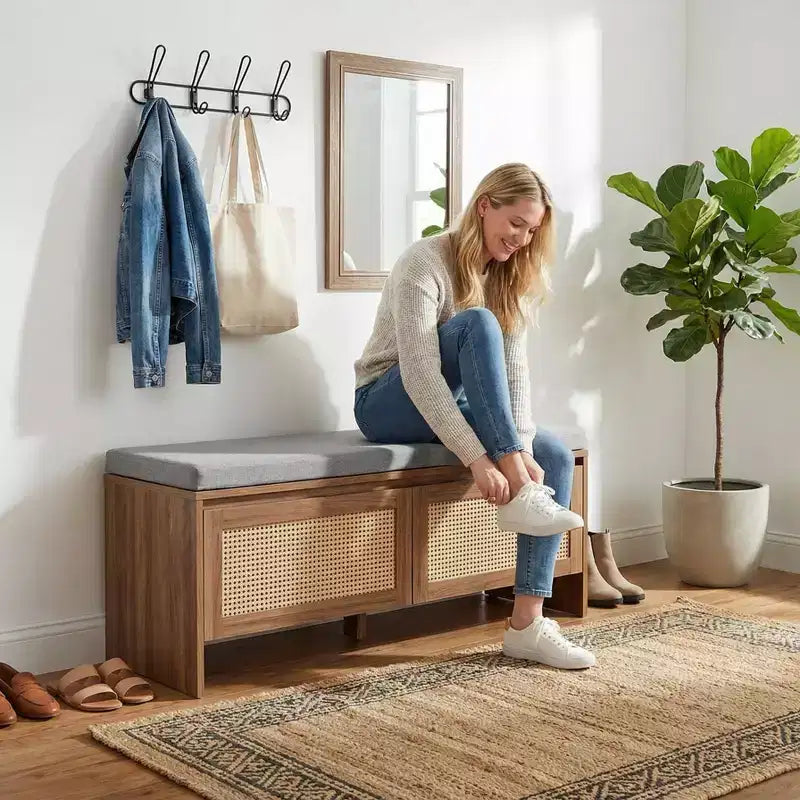 Panca portascarpe FurnitureR in rattan con cuscino, scarpiera compatta con ante per ingresso, organizer per piccoli spazi, scarpiera nascosta con seduta