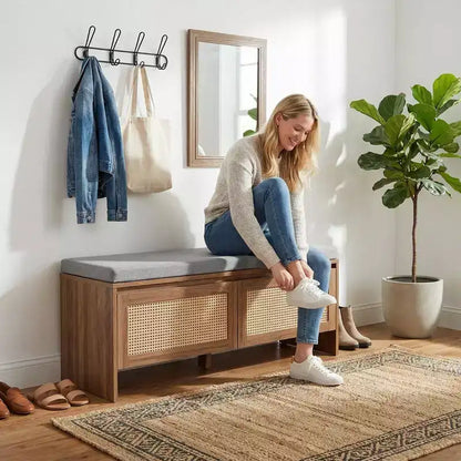 Panca portascarpe FurnitureR in rattan con cuscino, scarpiera compatta con ante per ingresso, organizer per piccoli spazi, scarpiera nascosta con seduta