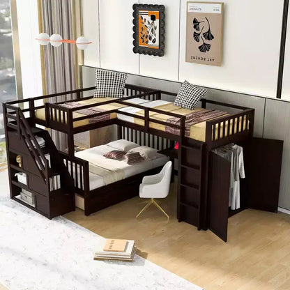 Lit superposé en L Whisen Modern Design (jumeau sur grand) avec 3 tiroirs, bureau portable et armoire
