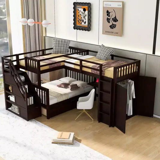 Lit superposé en L Whisen Modern Design (jumeau sur grand) avec 3 tiroirs, bureau portable et armoire