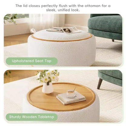 Pouf rotondo Polibi con base cilindrica in legno massello e coperchio reversibile