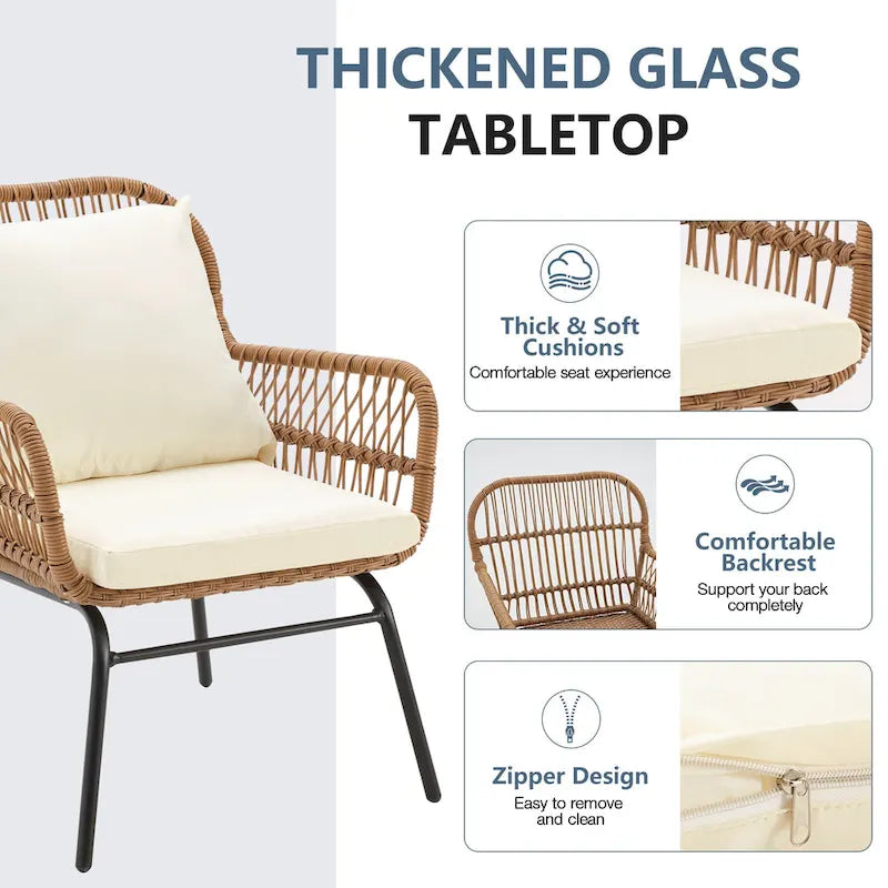 Set da Bistrot da Esterno in Rattan da 3 Pezzi, Set di Mobili da Giardino con Tavolo in Vetro e 2 Ampie Poltrone, Cuscini Inclusi