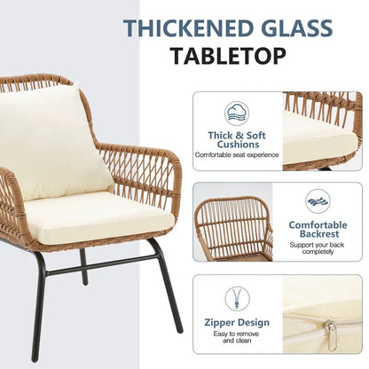 Set da Bistrot da Esterno in Rattan da 3 Pezzi, Set di Mobili da Giardino con Tavolo in Vetro e 2 Ampie Poltrone, Cuscini Inclusi