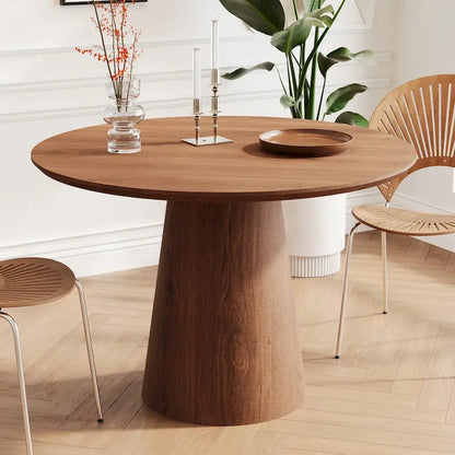 Table de salle à manger ronde pour 4-6 personnes, en bois naturel avec pied conique en bois, style rustique minimaliste