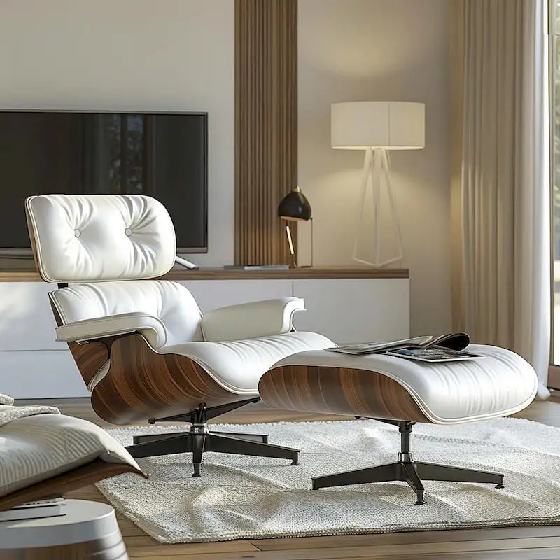 Chaise longue et pouf d'appoint en cuir pleine fleur de style Mid-century