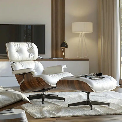 Chaise longue et pouf d'appoint en cuir pleine fleur de style Mid-century
