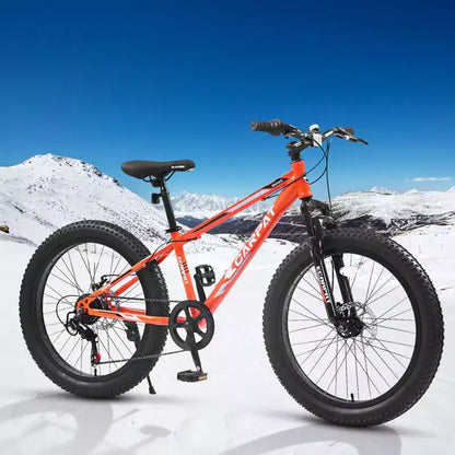 Vélo Okak 24 pouces Fat Tire avec suspension avant, VTT 7 vitesses avec frein à disque et cadre en acier à haute teneur en carbone, Vélo de randonnée pour les trajets quotidiens
