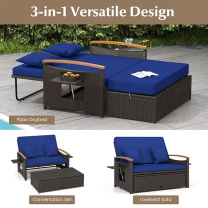Set divano letto in rattan per esterni Costway con divanetto imbottito e poggiapiedi contenitore per veranda Beige/Blu marino/Rosso/Turchese/Nero/Grigio