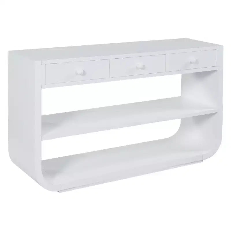 ModernLuxe Tavolo curvo da ingresso, Tavolo consolle, Tavolino da divano, Espositore, Tavolino d'appoggio con 3 cassetti a chiusura ammortizzata e 2 ripiani aperti