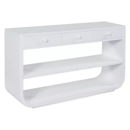 ModernLuxe Tavolo curvo da ingresso, Tavolo consolle, Tavolino da divano, Espositore, Tavolino d'appoggio con 3 cassetti a chiusura ammortizzata e 2 ripiani aperti