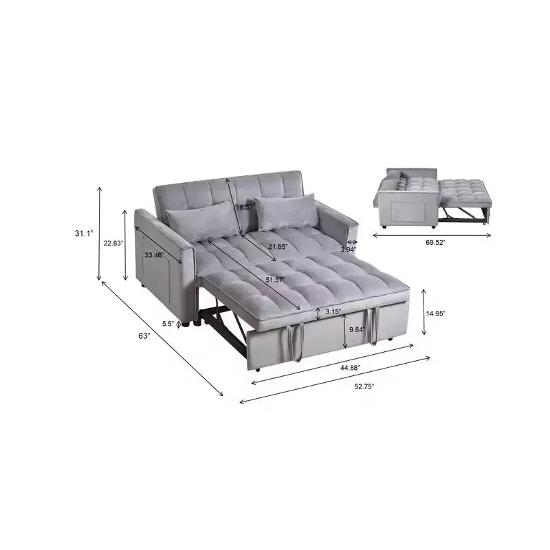 Canapé-Lit Convertible 3 en 1 en Velours Gris Ciment avec Oreillers et Poches, Canapé-Lit Extensible Moderne, Dossier Réglable