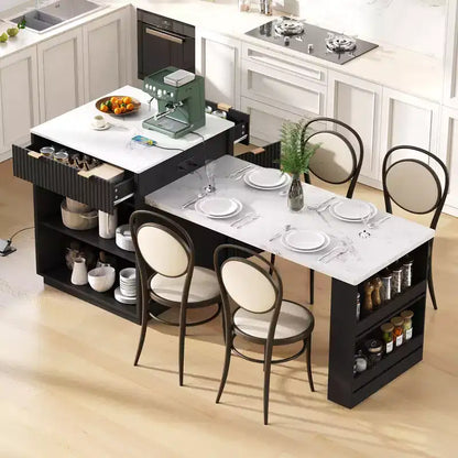 Îlot de cuisine cannelé avec table extensible, prise électrique et rangement double face
