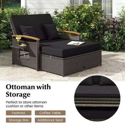 Set divano letto in rattan per esterni Costway con divanetto imbottito e poggiapiedi contenitore per veranda Beige/Blu marino/Rosso/Turchese/Nero/Grigio