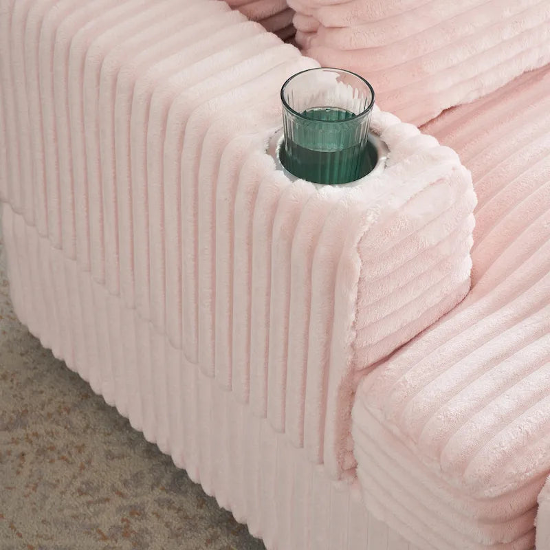 Divano Poltrona Singola in Velluto a Coste Rosa 39.37 con Pouf e Portabicchieri