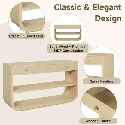 ModernLuxe Tavolo curvo da ingresso, Tavolo consolle, Tavolino da divano, Espositore, Tavolino d'appoggio con 3 cassetti a chiusura ammortizzata e 2 ripiani aperti