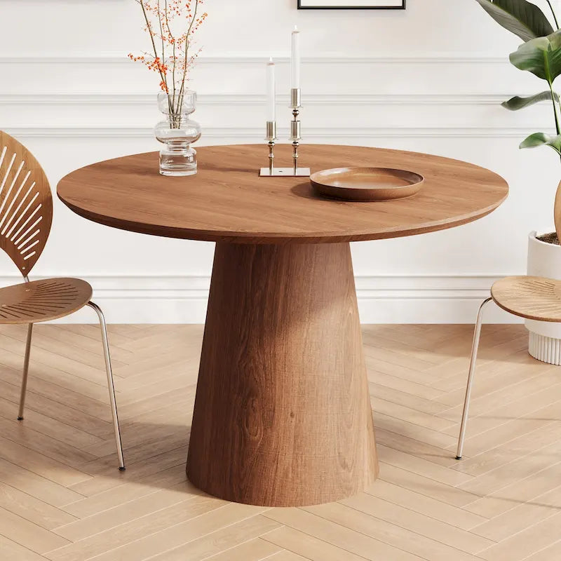 Table de salle à manger ronde pour 4-6 personnes, en bois naturel avec pied conique en bois, style rustique minimaliste