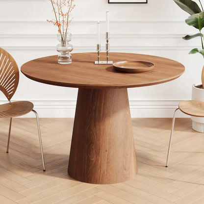 Table de salle à manger ronde pour 4-6 personnes, en bois naturel avec pied conique en bois, style rustique minimaliste