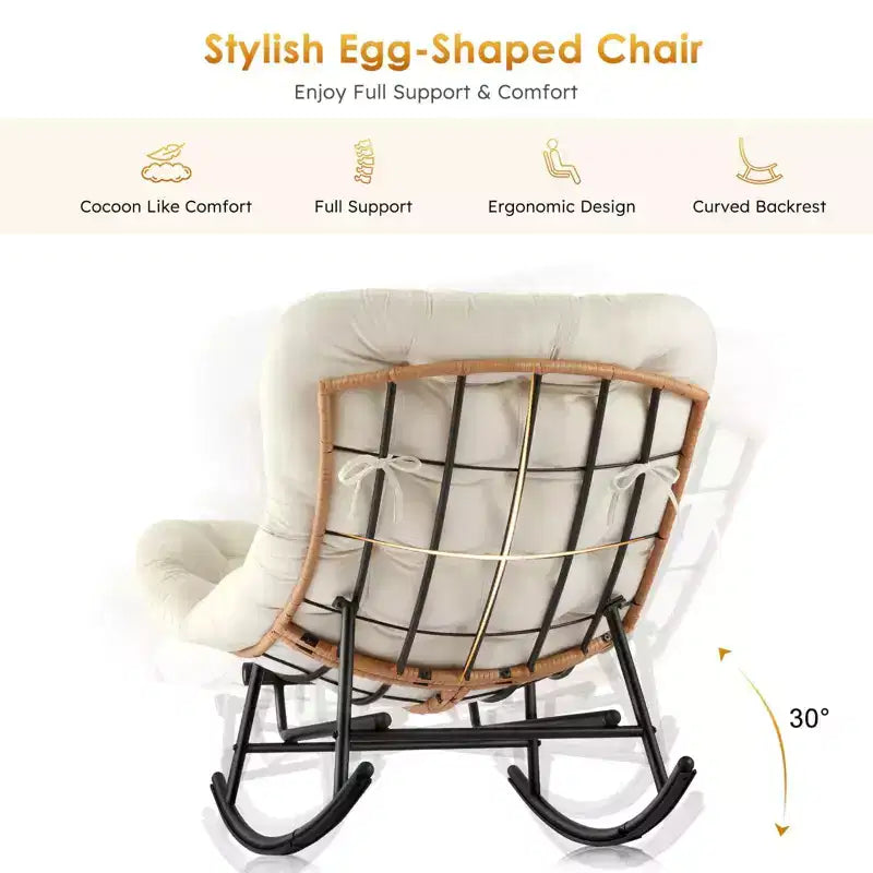 Poltrona a dondolo Papasan oversize beige, 1 posto, con poggiapiedi