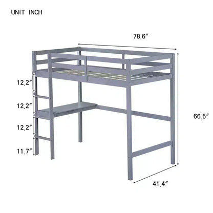 Lit mezzanine Okak Minimalism avec échelle, lit mezzanine simple en bois d'hévéa avec garde-corps de sécurité et bureau intégré, cadres de lit pour enfants, adolescents