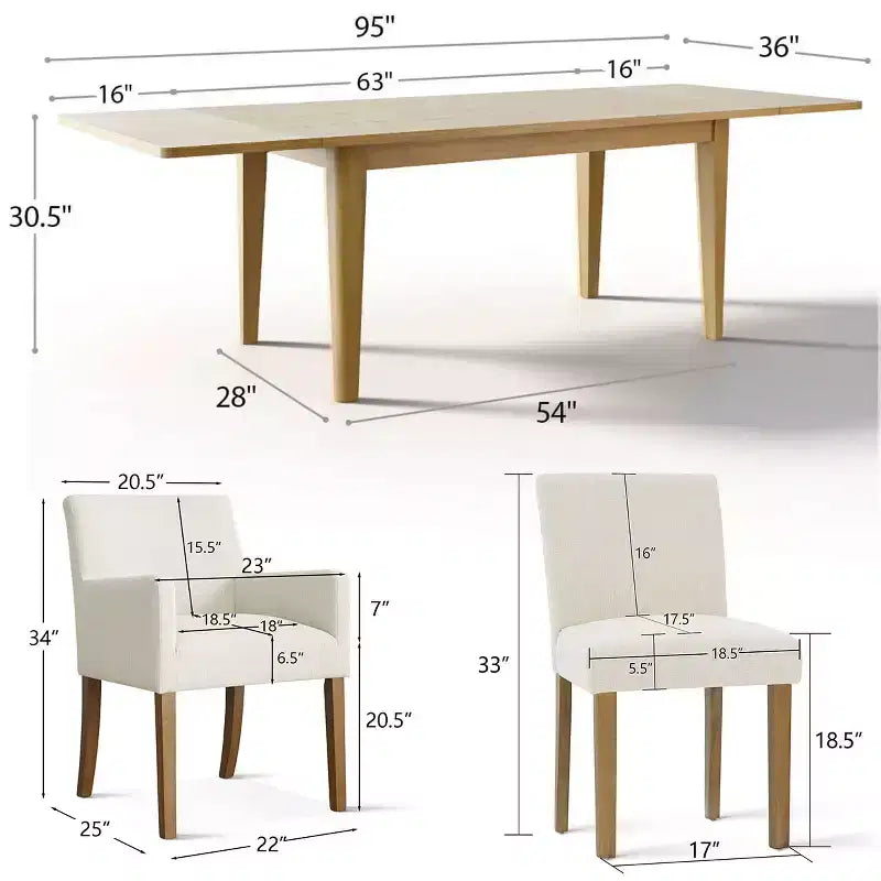 Set da pranzo da 9 pezzi con prolunga, include 6 sedie senza braccioli e 2 poltrone in lino neutro, gambe in legno massello, stile moderno-Panipeachy