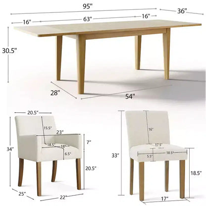 Set da pranzo da 9 pezzi con prolunga, include 6 sedie senza braccioli e 2 poltrone in lino neutro, gambe in legno massello, stile moderno-Panipeachy