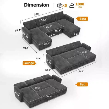Divano letto estraibile a quattro posti Dyonery da 105 pollici con contenitore, tasche laterali, schienale regolabile, convertibile