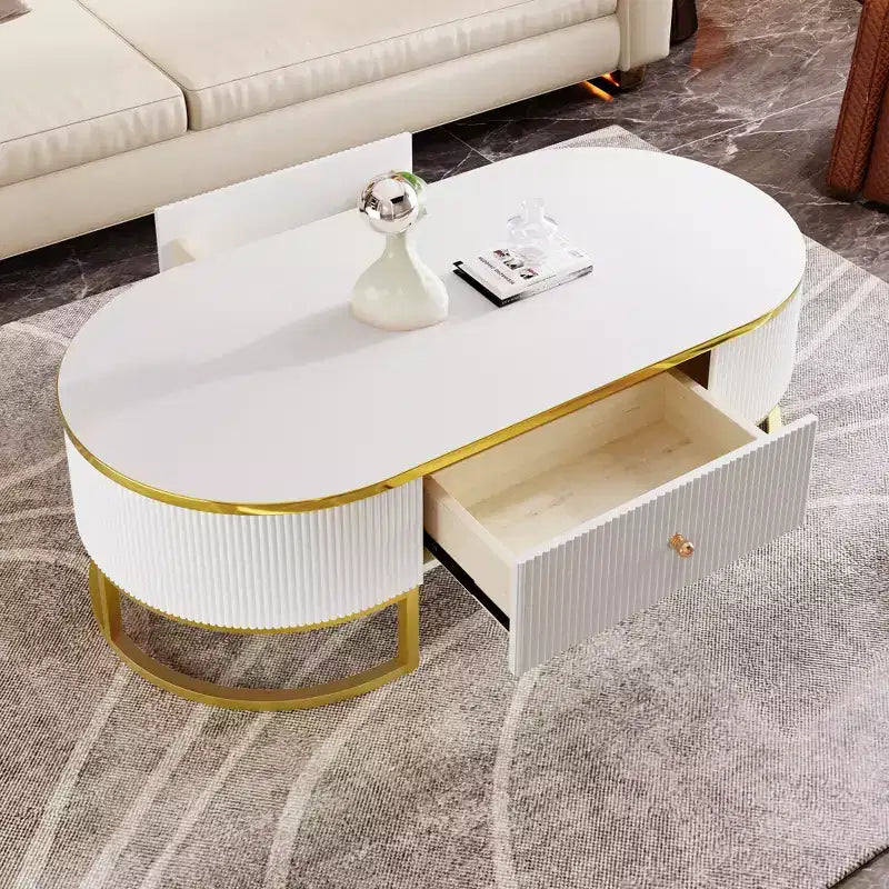 Tavolino da Caffè Moderno 47W, Tavolino da Salotto, Tavolino Centrotavola, Tavolino d'Appoggio con Cassetti, Design dal Profilo Curvo, Gambe in Metallo Dorato, Ovale, Bianco+Oro-ModernLuxe