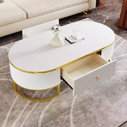 Tavolino da Caffè Moderno 47W, Tavolino da Salotto, Tavolino Centrotavola, Tavolino d'Appoggio con Cassetti, Design dal Profilo Curvo, Gambe in Metallo Dorato, Ovale, Bianco+Oro-ModernLuxe