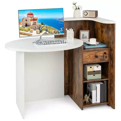 Costway Bancone per Reception, Scrivania da Ufficio con Ripiano Aperto e Cassetto con Serratura, Bianco/Marrone/Nero